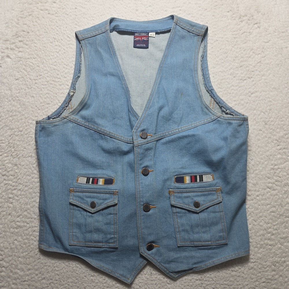 VINTAGE Brittania Blue Denim Jacket Vest Womens L Button Up Vest Western  Biker
